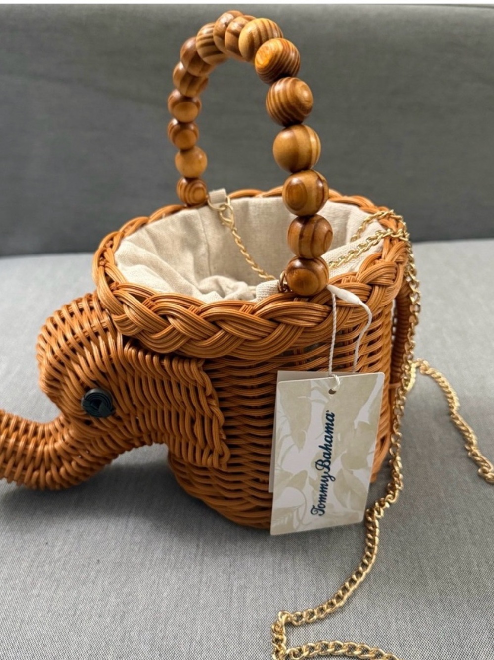 Tommy Bahama Tan Rattan Elephant Crossbody Bag with Gold Chain